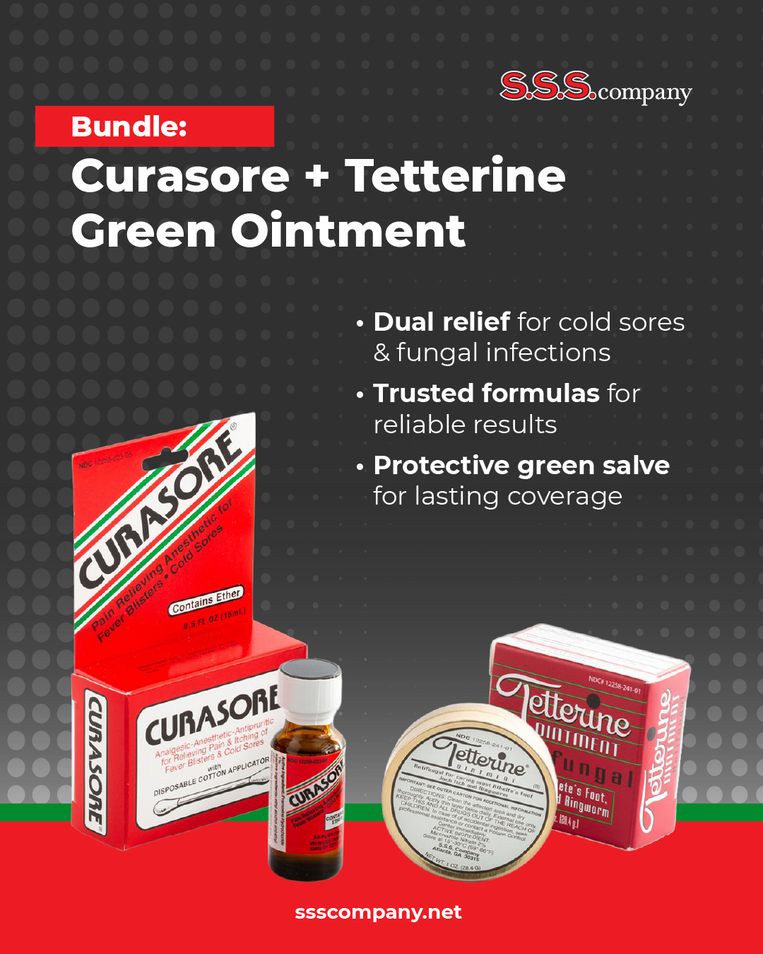 SSS skin care bundles with Curasore and Tetterine Green Ointment